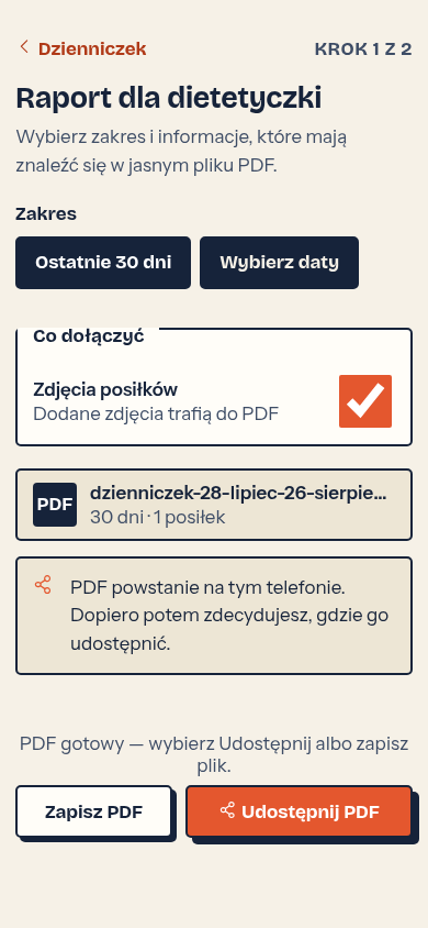 Ekran raportu PDF w aplikacji pacjenta.